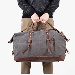 OVERSIZED CANVAS PU LEATHER TRAVEL TOTE DUFFEL BAG WEEKENDER